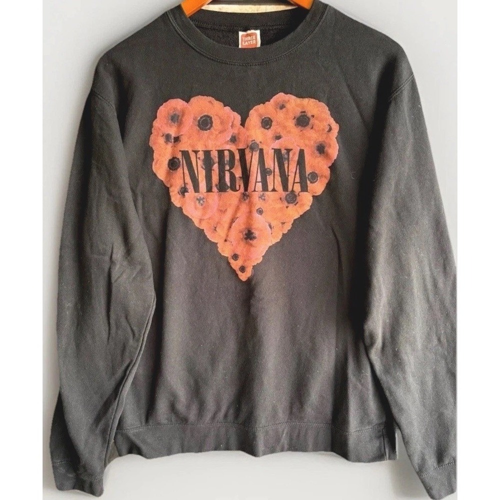 Nirvana Heart Shaped Flowers Crewneck Sweatshirt Size‎ M Black Kurt Cobain